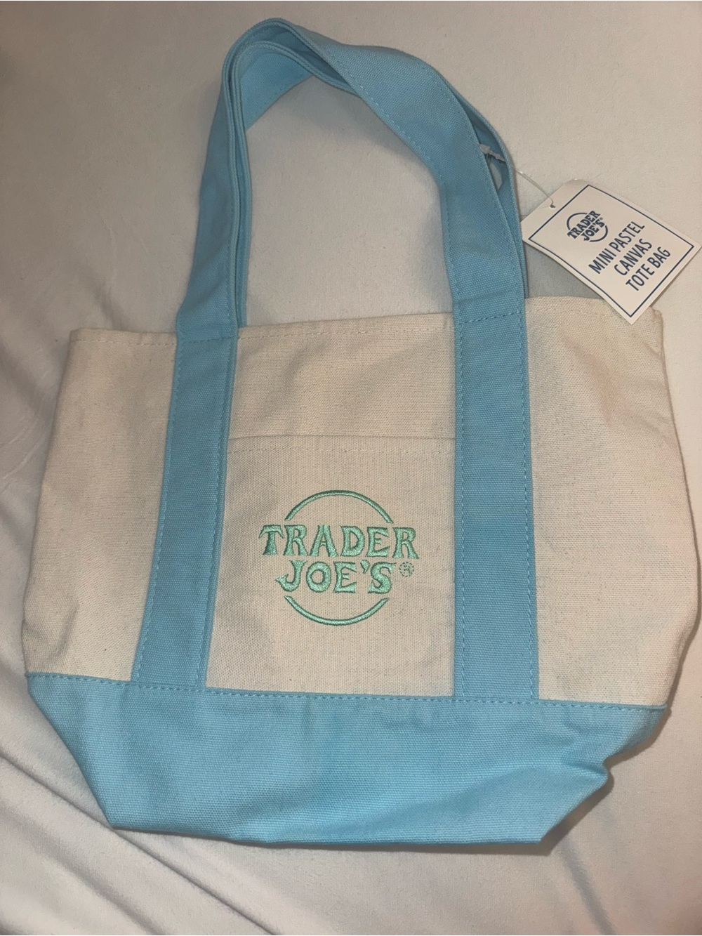 Trader Joe’s Limited Edition Mini Canvas Tote Bag in Light Blue and Natural